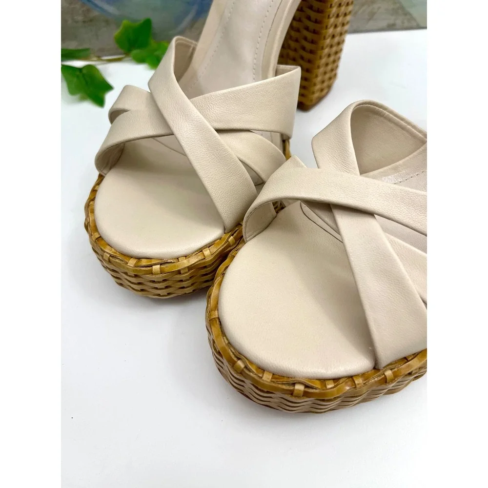 New Schutz Keefa Straw Platform Sandals Off White Leather‎ Woven Block Heel 9.5